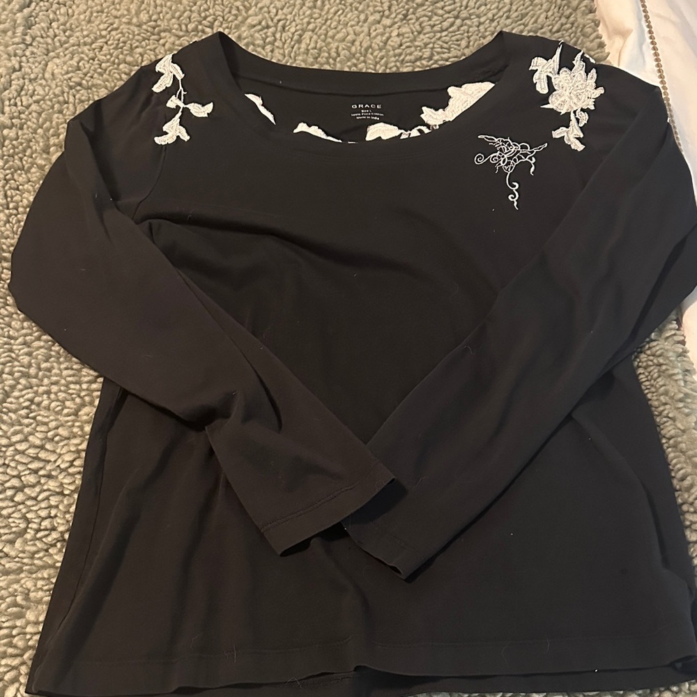 White Floral Embroidered Black Top